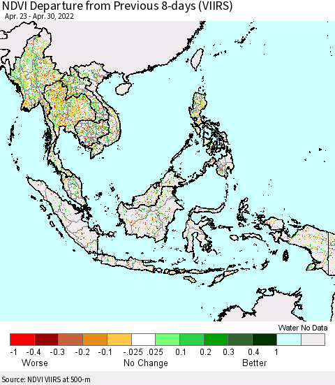 South East Asia NDVI Departure from Previous 8-days (VIIRS) Thematic Map For 4/23/2022 - 4/30/2022