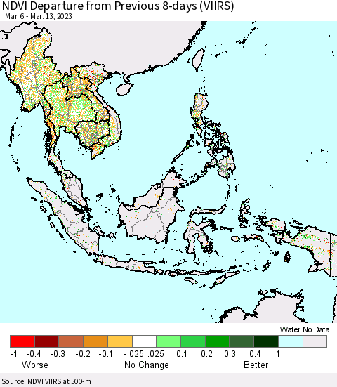South East Asia NDVI Departure from Previous 8-days (VIIRS) Thematic Map For 3/6/2023 - 3/13/2023