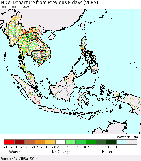 South East Asia NDVI Departure from Previous 8-days (VIIRS) Thematic Map For 4/7/2023 - 4/14/2023