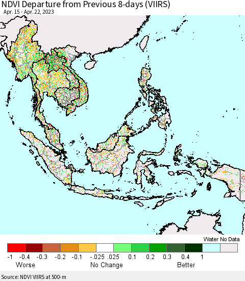 South East Asia NDVI Departure from Previous 8-days (VIIRS) Thematic Map For 4/15/2023 - 4/22/2023