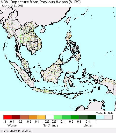 South East Asia NDVI Departure from Previous 8-days (VIIRS) Thematic Map For 7/4/2023 - 7/11/2023