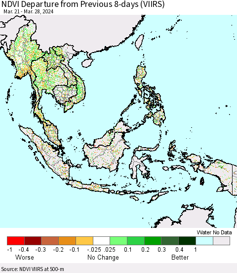 South East Asia NDVI Departure from Previous 8-days (VIIRS) Thematic Map For 3/21/2024 - 3/28/2024