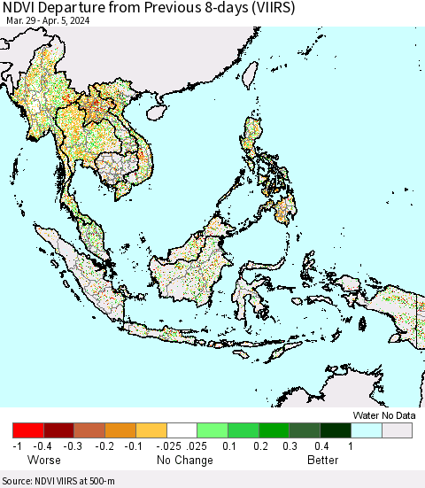 South East Asia NDVI Departure from Previous 8-days (VIIRS) Thematic Map For 3/29/2024 - 4/5/2024
