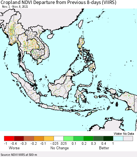 South East Asia Cropland NDVI Departure from Previous 8-days (VIIRS) Thematic Map For 11/1/2021 - 11/8/2021