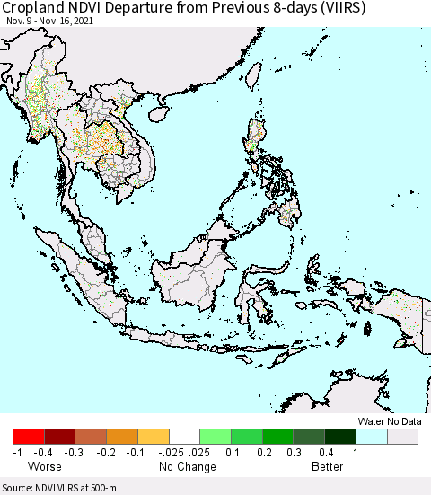 South East Asia Cropland NDVI Departure from Previous 8-days (VIIRS) Thematic Map For 11/9/2021 - 11/16/2021