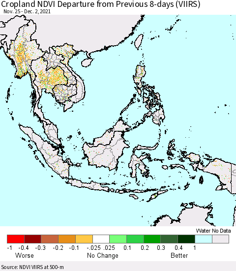 South East Asia Cropland NDVI Departure from Previous 8-days (VIIRS) Thematic Map For 11/25/2021 - 12/2/2021