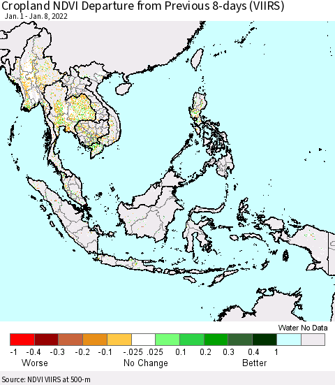 South East Asia Cropland NDVI Departure from Previous 8-days (VIIRS) Thematic Map For 1/1/2022 - 1/8/2022