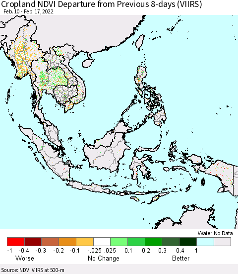 South East Asia Cropland NDVI Departure from Previous 8-days (VIIRS) Thematic Map For 2/10/2022 - 2/17/2022