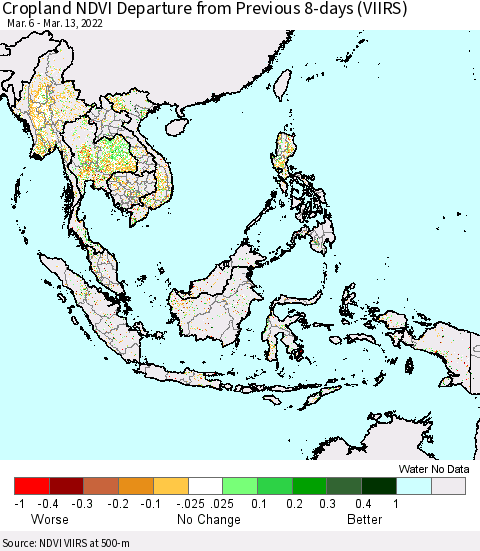 South East Asia Cropland NDVI Departure from Previous 8-days (VIIRS) Thematic Map For 3/6/2022 - 3/13/2022