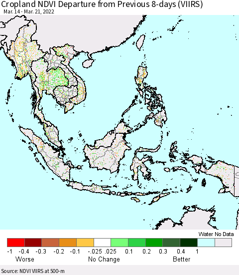 South East Asia Cropland NDVI Departure from Previous 8-days (VIIRS) Thematic Map For 3/14/2022 - 3/21/2022