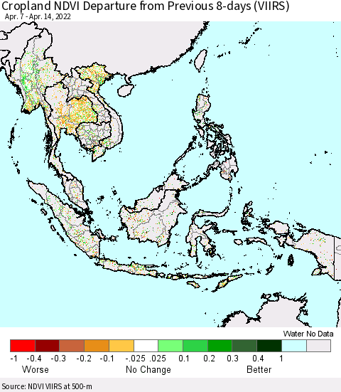 South East Asia Cropland NDVI Departure from Previous 8-days (VIIRS) Thematic Map For 4/7/2022 - 4/14/2022