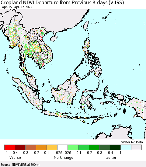 South East Asia Cropland NDVI Departure from Previous 8-days (VIIRS) Thematic Map For 4/15/2022 - 4/22/2022