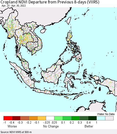 South East Asia Cropland NDVI Departure from Previous 8-days (VIIRS) Thematic Map For 4/23/2022 - 4/30/2022