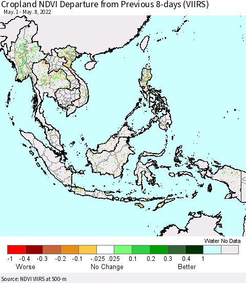 South East Asia Cropland NDVI Departure from Previous 8-days (VIIRS) Thematic Map For 5/1/2022 - 5/8/2022