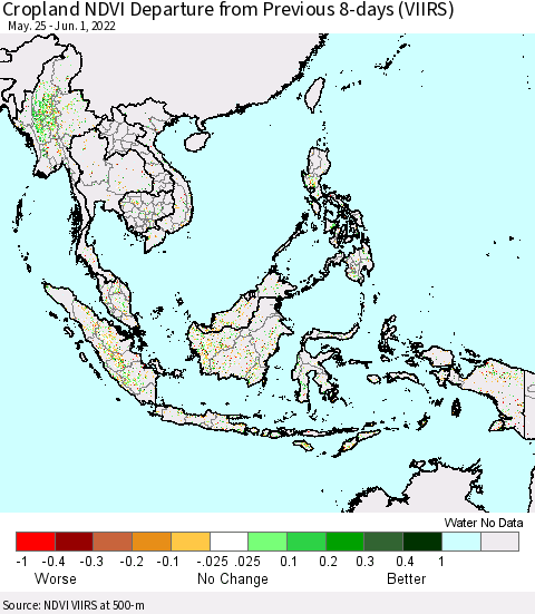 South East Asia Cropland NDVI Departure from Previous 8-days (VIIRS) Thematic Map For 5/25/2022 - 6/1/2022