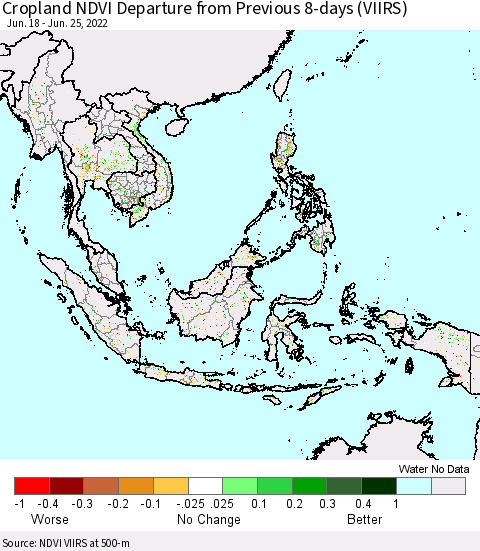 South East Asia Cropland NDVI Departure from Previous 8-days (VIIRS) Thematic Map For 6/18/2022 - 6/25/2022