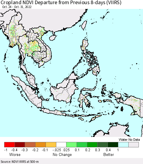 South East Asia Cropland NDVI Departure from Previous 8-days (VIIRS) Thematic Map For 10/24/2022 - 10/31/2022