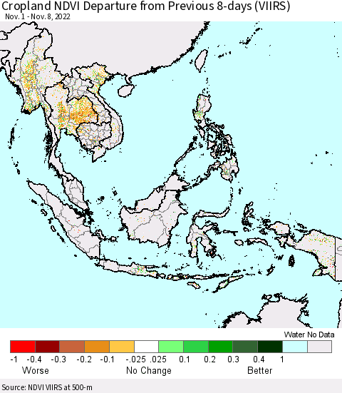 South East Asia Cropland NDVI Departure from Previous 8-days (VIIRS) Thematic Map For 11/1/2022 - 11/8/2022