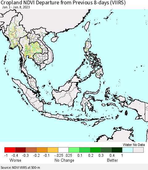 South East Asia Cropland NDVI Departure from Previous 8-days (VIIRS) Thematic Map For 1/1/2023 - 1/8/2023