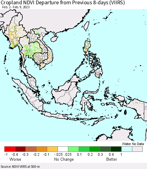 South East Asia Cropland NDVI Departure from Previous 8-days (VIIRS) Thematic Map For 2/2/2023 - 2/9/2023