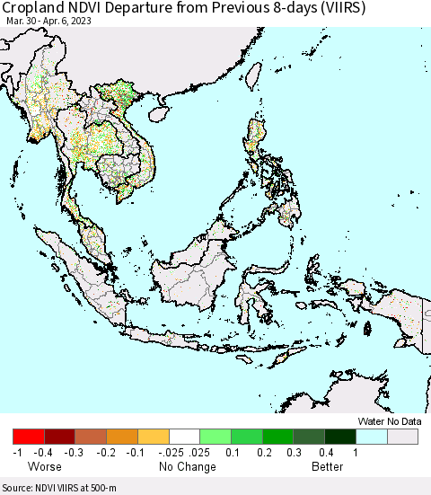 South East Asia Cropland NDVI Departure from Previous 8-days (VIIRS) Thematic Map For 3/30/2023 - 4/6/2023