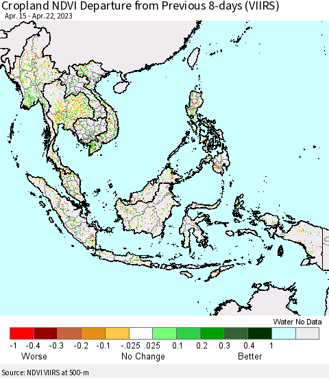South East Asia Cropland NDVI Departure from Previous 8-days (VIIRS) Thematic Map For 4/15/2023 - 4/22/2023