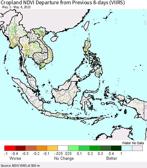 South East Asia Cropland NDVI Departure from Previous 8-days (VIIRS) Thematic Map For 5/1/2023 - 5/8/2023