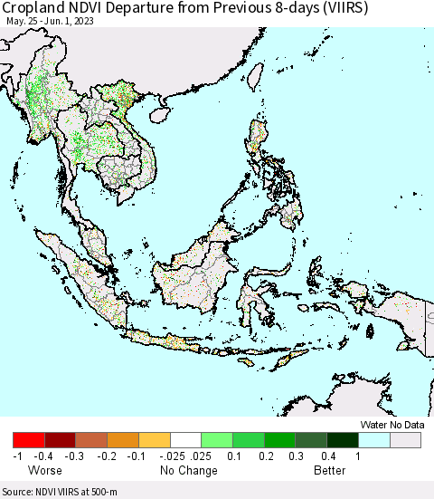 South East Asia Cropland NDVI Departure from Previous 8-days (VIIRS) Thematic Map For 5/25/2023 - 6/1/2023