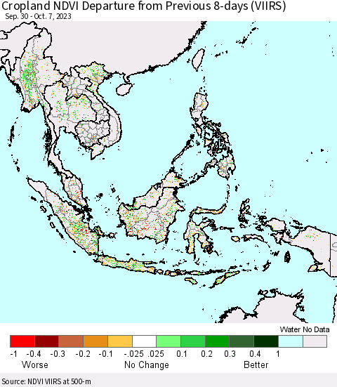 South East Asia Cropland NDVI Departure from Previous 8-days (VIIRS) Thematic Map For 9/30/2023 - 10/7/2023