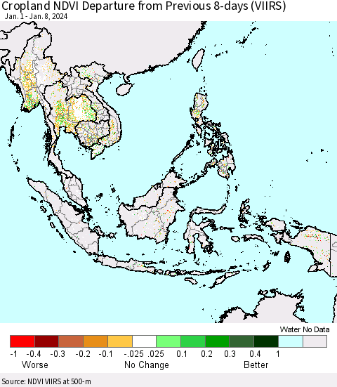 South East Asia Cropland NDVI Departure from Previous 8-days (VIIRS) Thematic Map For 1/1/2024 - 1/8/2024