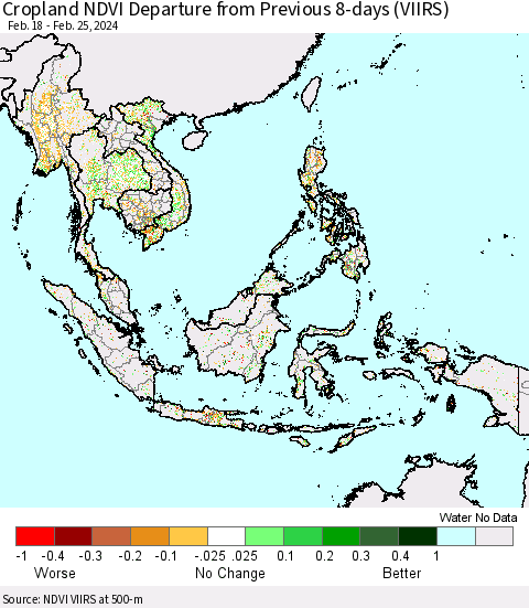South East Asia Cropland NDVI Departure from Previous 8-days (VIIRS) Thematic Map For 2/18/2024 - 2/25/2024