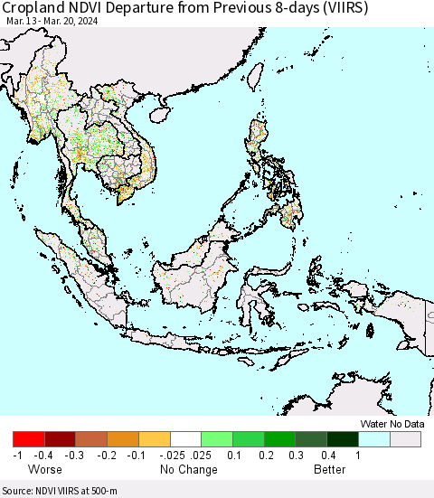 South East Asia Cropland NDVI Departure from Previous 8-days (VIIRS) Thematic Map For 3/13/2024 - 3/20/2024