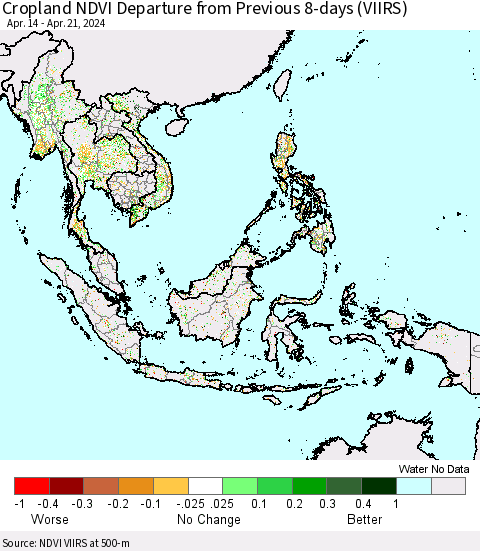 South East Asia Cropland NDVI Departure from Previous 8-days (VIIRS) Thematic Map For 4/14/2024 - 4/21/2024