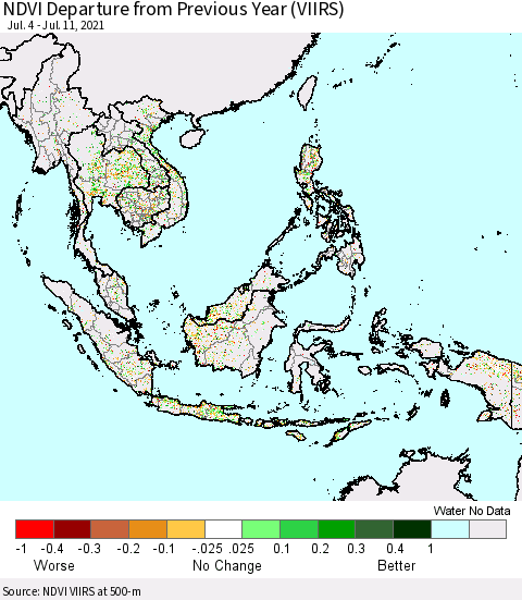 South East Asia NDVI Departure from Previous Year (VIIRS) Thematic Map For 7/4/2021 - 7/11/2021