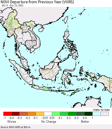 South East Asia NDVI Departure from Previous Year (VIIRS) Thematic Map For 10/8/2021 - 10/15/2021