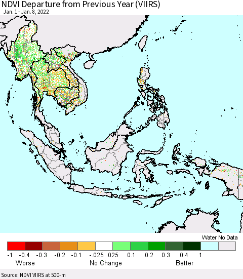 South East Asia NDVI Departure from Previous Year (VIIRS) Thematic Map For 1/1/2022 - 1/8/2022