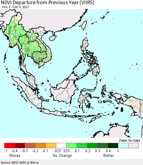 South East Asia NDVI Departure from Previous Year (VIIRS) Thematic Map For 2/2/2022 - 2/9/2022