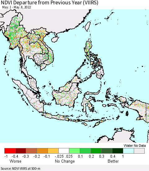 South East Asia NDVI Departure from Previous Year (VIIRS) Thematic Map For 5/1/2022 - 5/8/2022