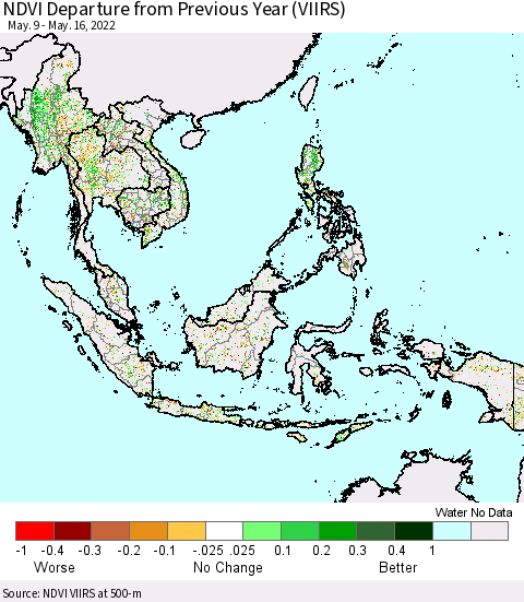 South East Asia NDVI Departure from Previous Year (VIIRS) Thematic Map For 5/9/2022 - 5/16/2022
