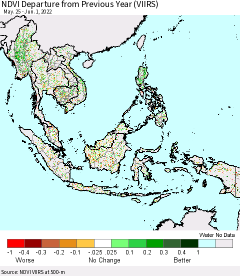 South East Asia NDVI Departure from Previous Year (VIIRS) Thematic Map For 5/25/2022 - 6/1/2022