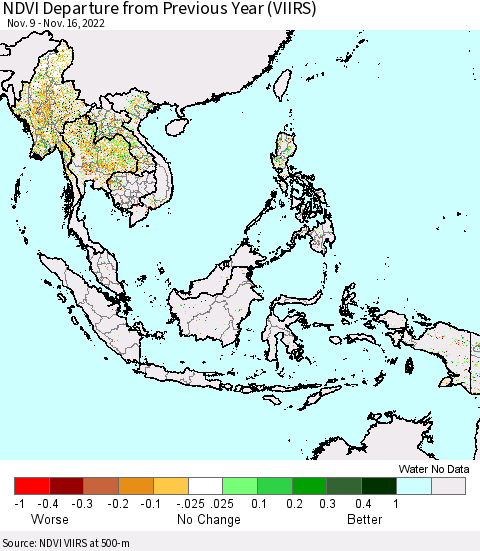 South East Asia NDVI Departure from Previous Year (VIIRS) Thematic Map For 11/9/2022 - 11/16/2022