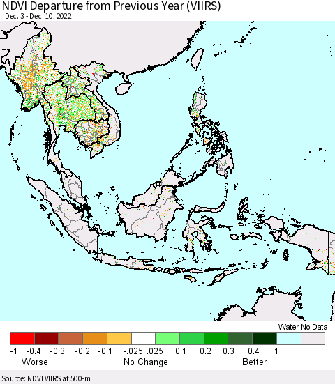 South East Asia NDVI Departure from Previous Year (VIIRS) Thematic Map For 12/3/2022 - 12/10/2022