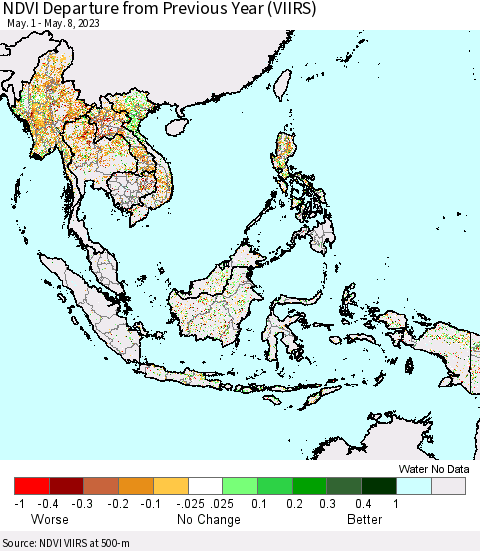 South East Asia NDVI Departure from Previous Year (VIIRS) Thematic Map For 5/1/2023 - 5/8/2023