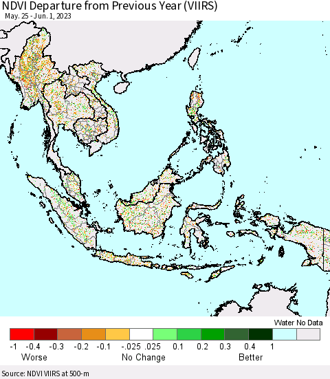 South East Asia NDVI Departure from Previous Year (VIIRS) Thematic Map For 5/25/2023 - 6/1/2023