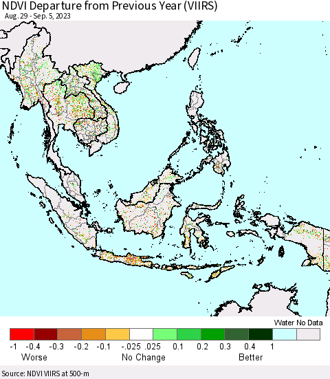 South East Asia NDVI Departure from Previous Year (VIIRS) Thematic Map For 8/29/2023 - 9/5/2023