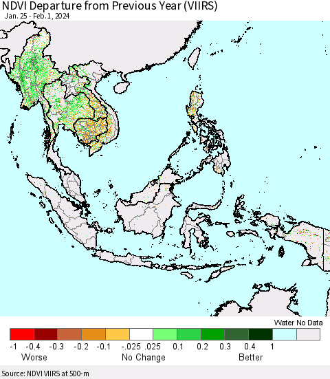 South East Asia NDVI Departure from Previous Year (VIIRS) Thematic Map For 1/25/2024 - 2/1/2024