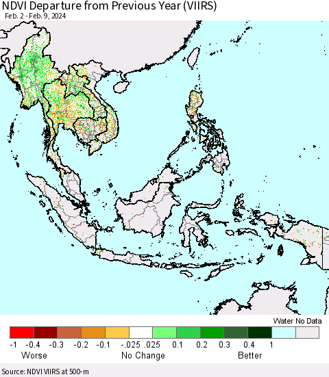 South East Asia NDVI Departure from Previous Year (VIIRS) Thematic Map For 2/2/2024 - 2/9/2024
