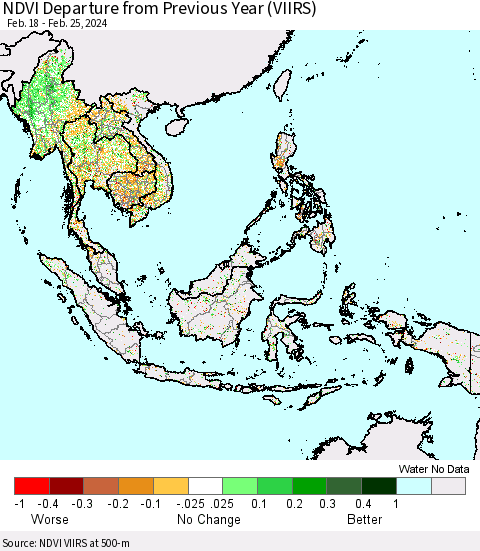 South East Asia NDVI Departure from Previous Year (VIIRS) Thematic Map For 2/18/2024 - 2/25/2024