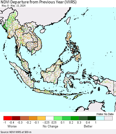 South East Asia NDVI Departure from Previous Year (VIIRS) Thematic Map For 5/8/2024 - 5/15/2024