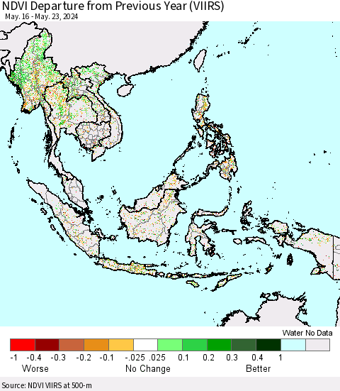 South East Asia NDVI Departure from Previous Year (VIIRS) Thematic Map For 5/16/2024 - 5/23/2024